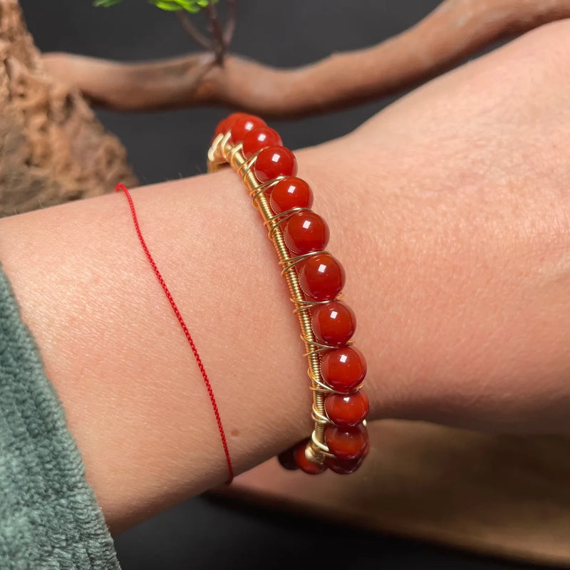 Red Jade Beaded Bracelet Chalcedony Talisman 925 Silver Charms