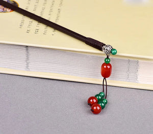 Red Jade Beaded Hairpin Gemstones Amulet for Women 925 Silver Talismans