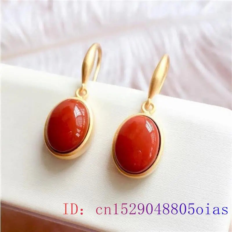 Red Jade Earrings Chalcedony Crystal Zircon Amulet 925 Silver Natural