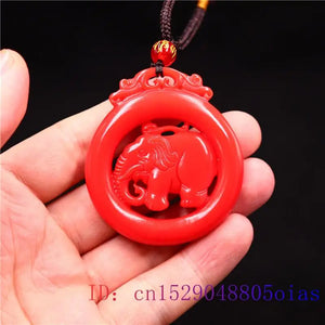 Red Jade Elephant Pendant Charm Chinese Carved Necklace Jadeite