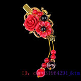 Red Jade Flower Barrette Charm Hair Clip Gemstone Jewelry Hairpin