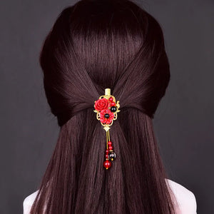 Red Jade Flower Barrette Charm Hair Clip Gemstone Jewelry Hairpin