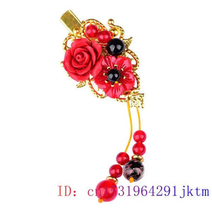 Red Jade Flower Barrette Charm Hair Clip Gemstone Jewelry Hairpin