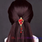 Red Jade Flower Barrette Charm Hair Clip Gemstone Jewelry Hairpin