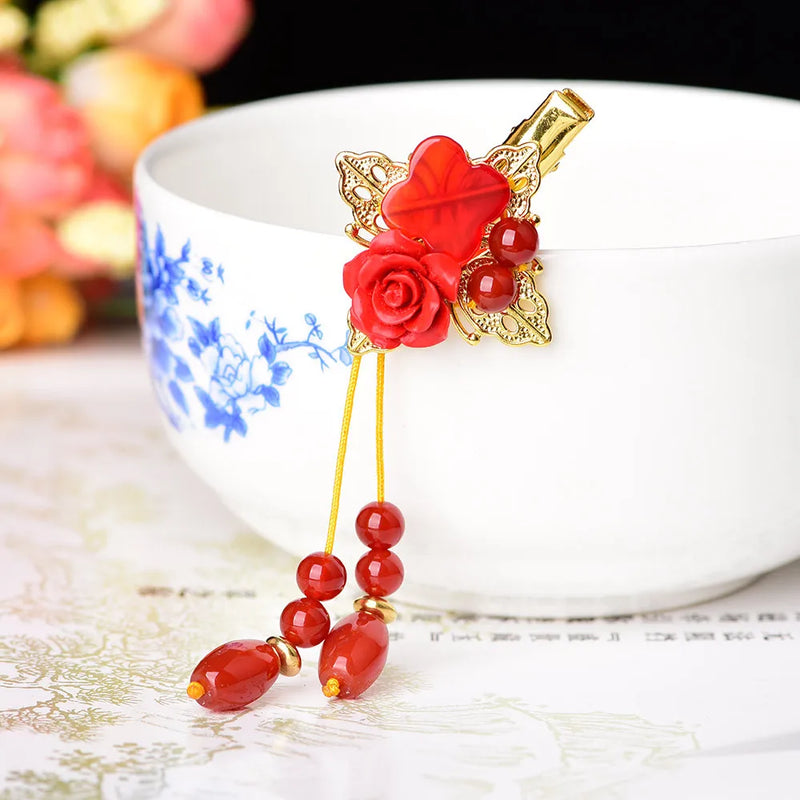 Red Jade Barrette Hairpin Charms Gemstones 925 Silver Jewelry