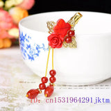 Red Jade Barrette Hairpin Charms Gemstones 925 Silver Jewelry
