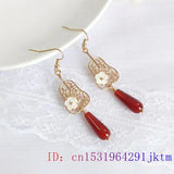 Red Jade Flower Earrings 925 Silver Gemstone Women Jewelry