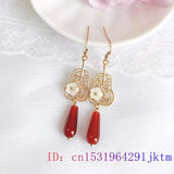 Red Jade Flower Earrings 925 Silver Gemstone Women Jewelry