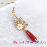 Red Jade Flower Earrings 925 Silver Gemstone Women Jewelry