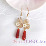 Red Jade Flower Earrings 925 Silver Gemstone Women Jewelry