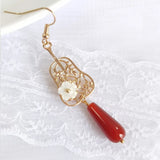 Red Jade Flower Earrings 925 Silver Gemstone Women Jewelry