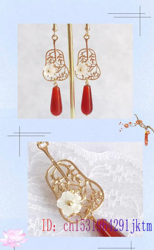Red Jade Flower Earrings 925 Silver Gemstone Women Jewelry