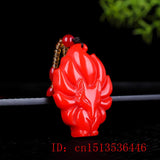 Red Jade Nine Tailed Fox Pendant Amulet Gemstone Carved Charm Necklace