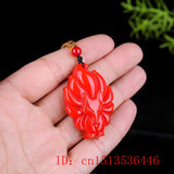 Red Jade Nine Tailed Fox Pendant Amulet Gemstone Carved Charm Necklace