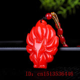 Red Jade Nine Tailed Fox Pendant Amulet Gemstone Carved Charm Necklace