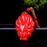 Red Jade Nine Tailed Fox Pendant Amulet Gemstone Carved Charm Necklace