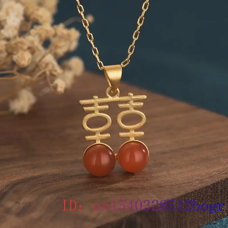 Red Jade Xi Pendant 925 Silver Agate Necklace Charm Crystal Women Zircon Natural