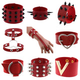 Red Leather Spiked Choker Punk Bracelet Goth Jewelry