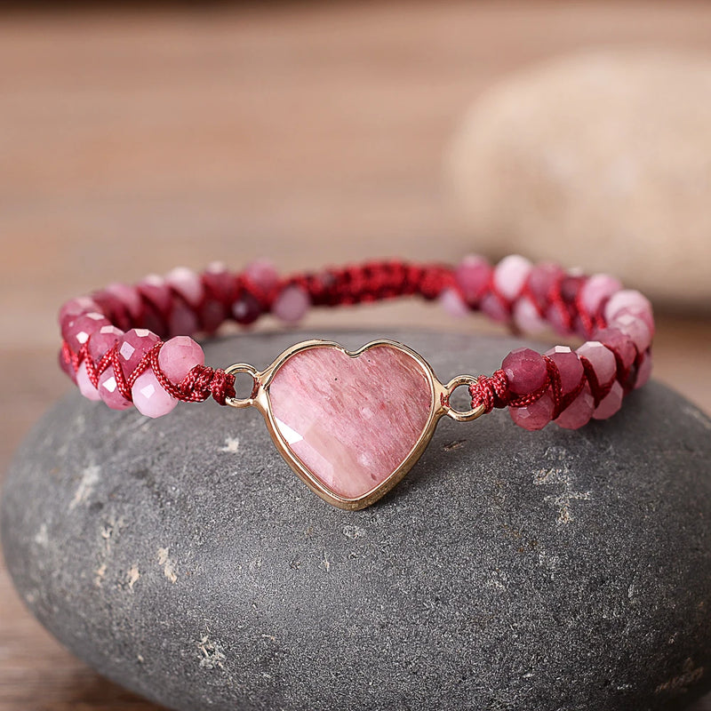 Red Natural Stones Faceted Heart Love Bracelets Talisman Couple Beaded Bangles