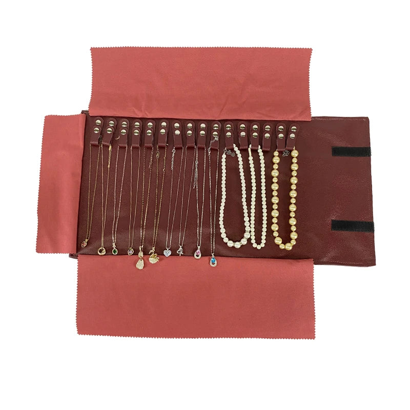 Red PU Necklace Travel Roll Bag Jewelry Storage Bead Chain Organizer
