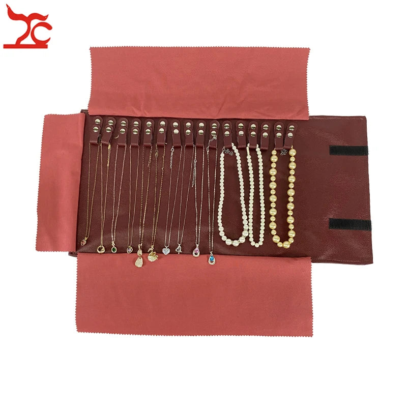 Red PU Necklace Jewelry Storage Travel Roll Bag Beads Chain Organizer