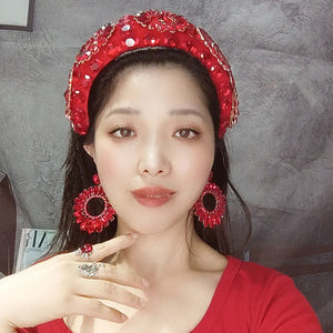 Red Rhinestone Gems Pendant Dangle Earrings Exaggerated Statement Jewelry