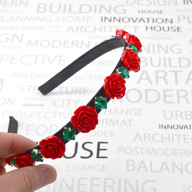 Red Rose Flower Bride Headbands Crystal Bee Baroque Crown Tiara Hair Ornaments