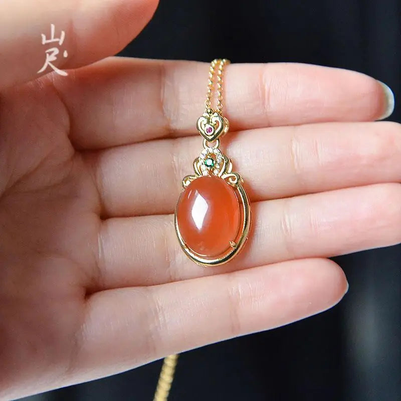 Red Rose Natural Agate Pendant Necklace Gift for Women