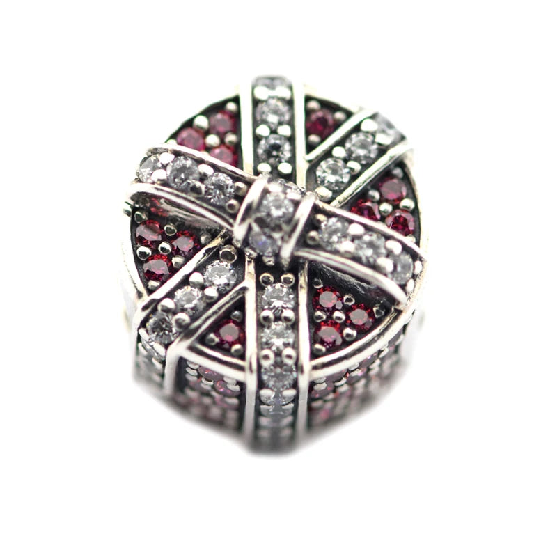Red Shimmering Gift Charm with Clear CZ 925 Silver Beads