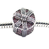 Red Shimmering Gift Charm with Clear CZ 925 Silver Beads