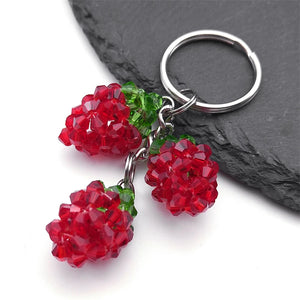 Red Strawberry Crystal Fruit Keychain Stainless Steel Keyring Car Bag Pendant