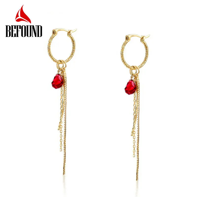 Red Synthetic Crystal Long Drop Earrings 925 Sterling Silver Tassel