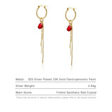 Red Synthetic Crystal Long Drop Earrings 925 Sterling Silver Tassel