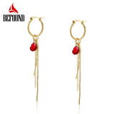 Red Synthetic Crystal Long Drop Earrings 925 Sterling Silver Tassel