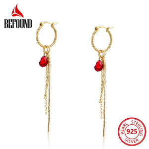 Red Synthetic Crystal Long Drop Earrings 925 Sterling Silver Tassel
