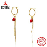 Red Synthetic Crystal Long Drop Earrings 925 Sterling Silver Tassel