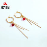 Red Synthetic Crystal Long Drop Earrings 925 Sterling Silver Tassel