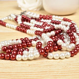 Multi-layer Synthetic Pearl Necklace with Red and Round Stones