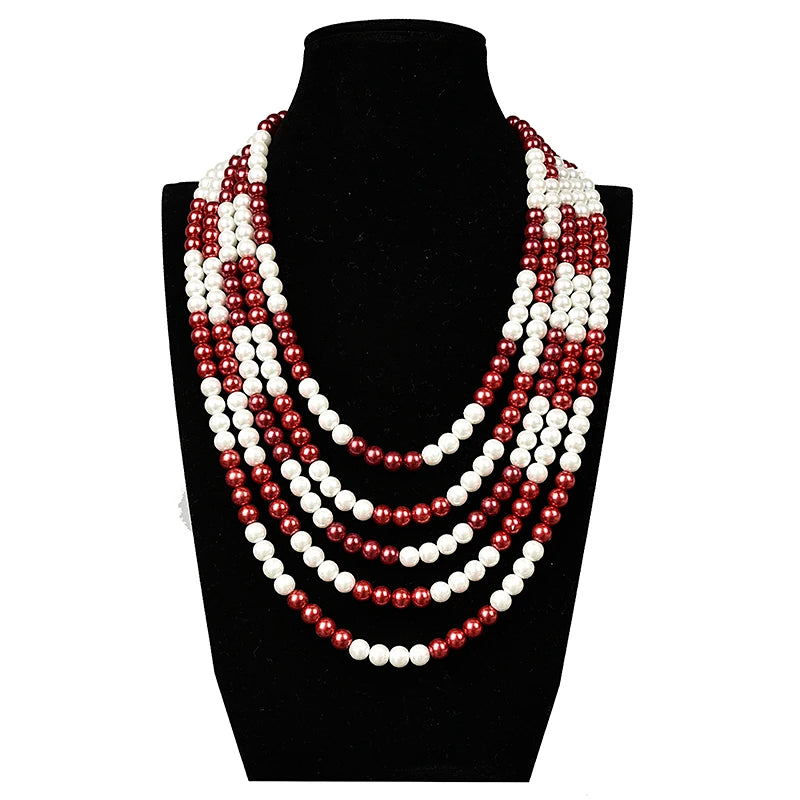 Multi-layer Synthetic Pearl Necklace with Red and Round Stones