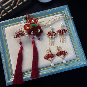 Red Flannel Tassel Chinese Bridal Headdress
