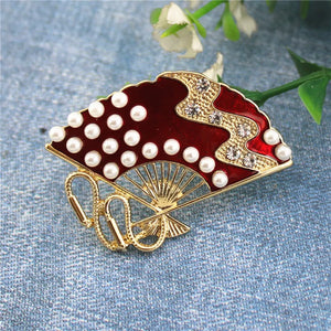 Red Oil Dripping Fan Brooch Coat Sweater Accessory Pin Hanfu Fan Brooch