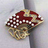 Red Oil Dripping Fan Brooch Coat Sweater Accessory Pin Hanfu Fan Brooch