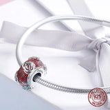 Red Rose Glass Crystal Beads Bangle Bracelet Charm Pendant 925 Sterling Silver