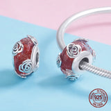 Red Rose Glass Crystal Beads Bangle Bracelet Charm Pendant 925 Sterling Silver