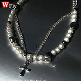 Pearl Cross Necklace Collarbone Chain Unisex