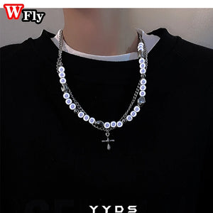 Pearl Cross Necklace Collarbone Chain Unisex