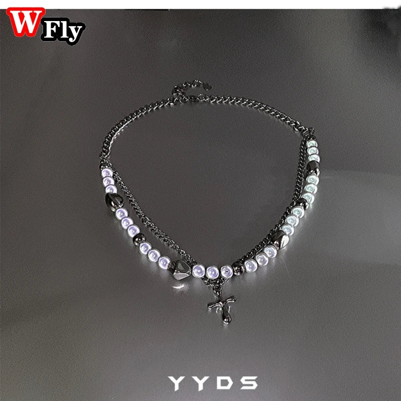Pearl Cross Necklace Collarbone Chain Unisex