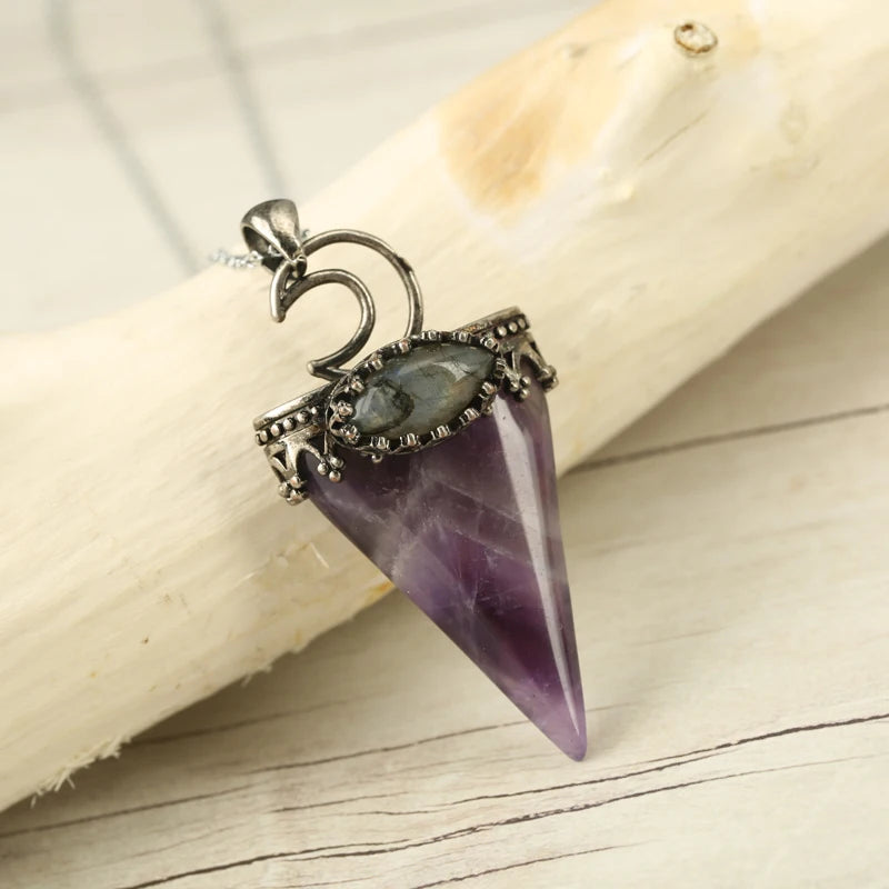 Reiki Chakra Stone Necklace Silver Crown Pendant