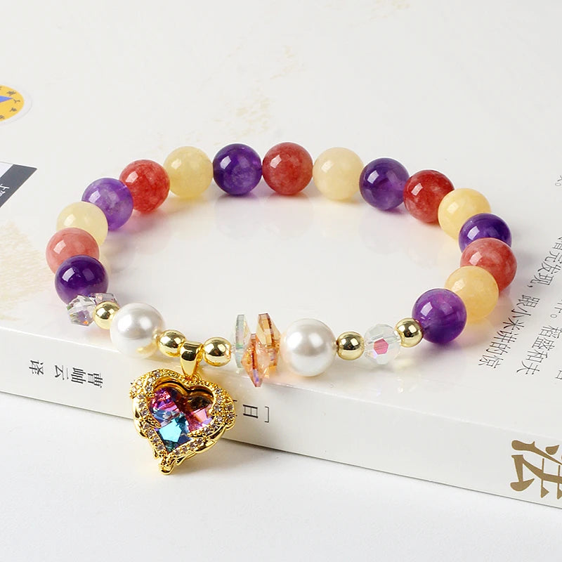 Colorful Crystal Heart Charm Bracelets Amethyst Quartz Pearls