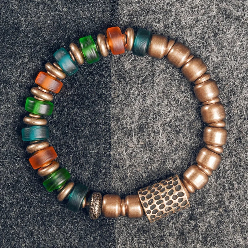 Reiki Coloured Glaze Beads Mixed Bracelet Hammered Copper Charm